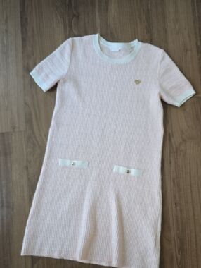 Guess, Light Pink Knit Short Sleeve Shift Dress with White Trim